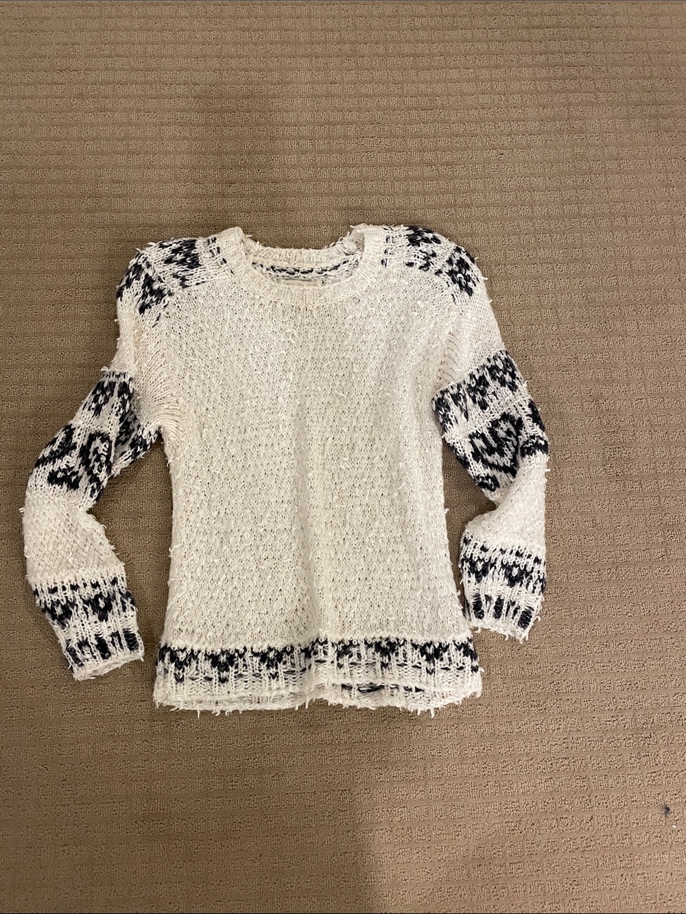 Anthropologie Pilot Cream Sweater with Navy Blue Fair Isle Detailing